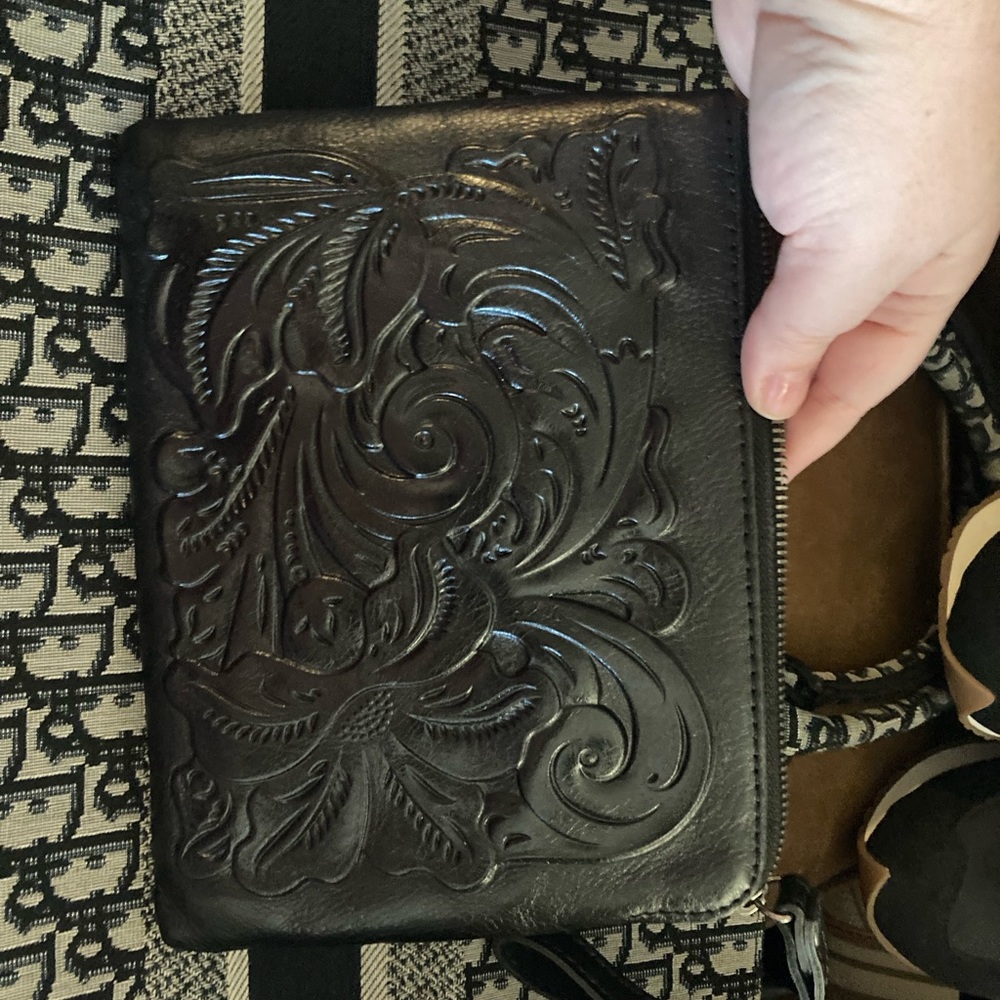 Black leather Patricia Nash clutch wristlet/pouch